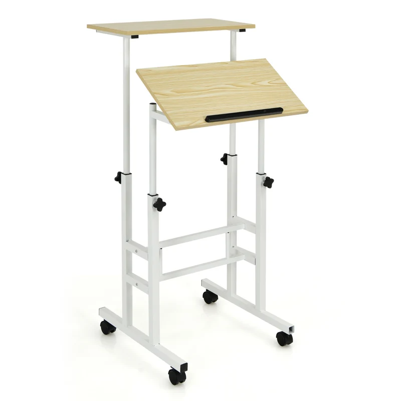 Costway - Escritorio Pequeño, Mesa Regulable en Altura, Mesa Escritorio, Escritorio con Ruedas, para Estar Sentados y de Pie, Natural Blanco
