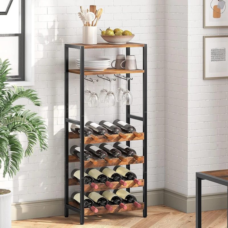 HOOBRO - Botellero Vino, para hasta 16 Botellas, Botellero Bar, 5 Niveles, Soporte copas, Estructura de metal, 41,5x24x100 cm, Marrón y Negro
