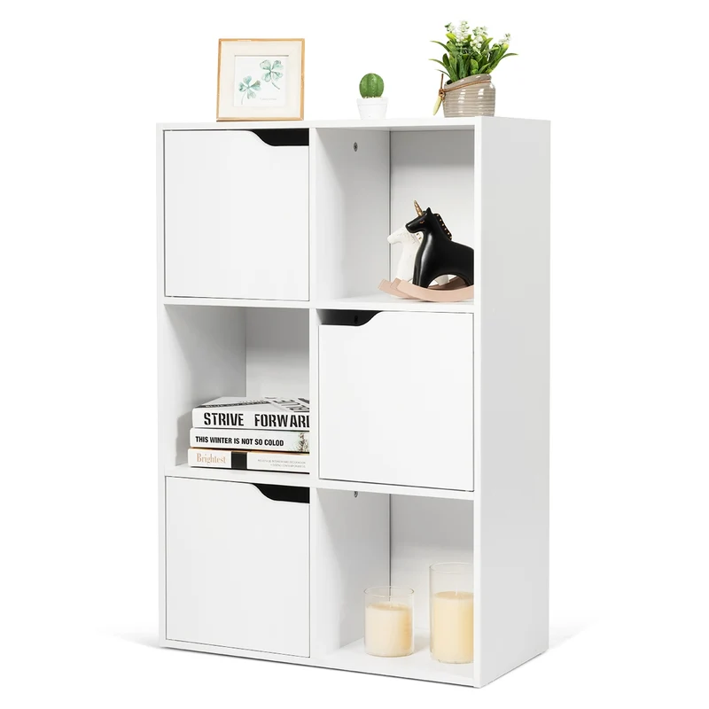 Costway - Estanteria salon, Armario oficina, de 6 Cubos y Puertas, Estanteria Libros, con 3 Niveles para Libros Juguetes y Decoraciones, Blanco