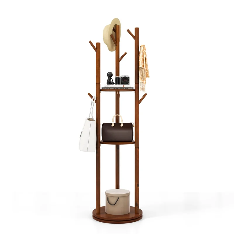 Costway - Perchero de Pie, Perchero Burro, Perchero Madera, Giratorio, con 3 Estantes de Almacenamiento 9 Ganchos para Abrigos Bolsos, Nogal