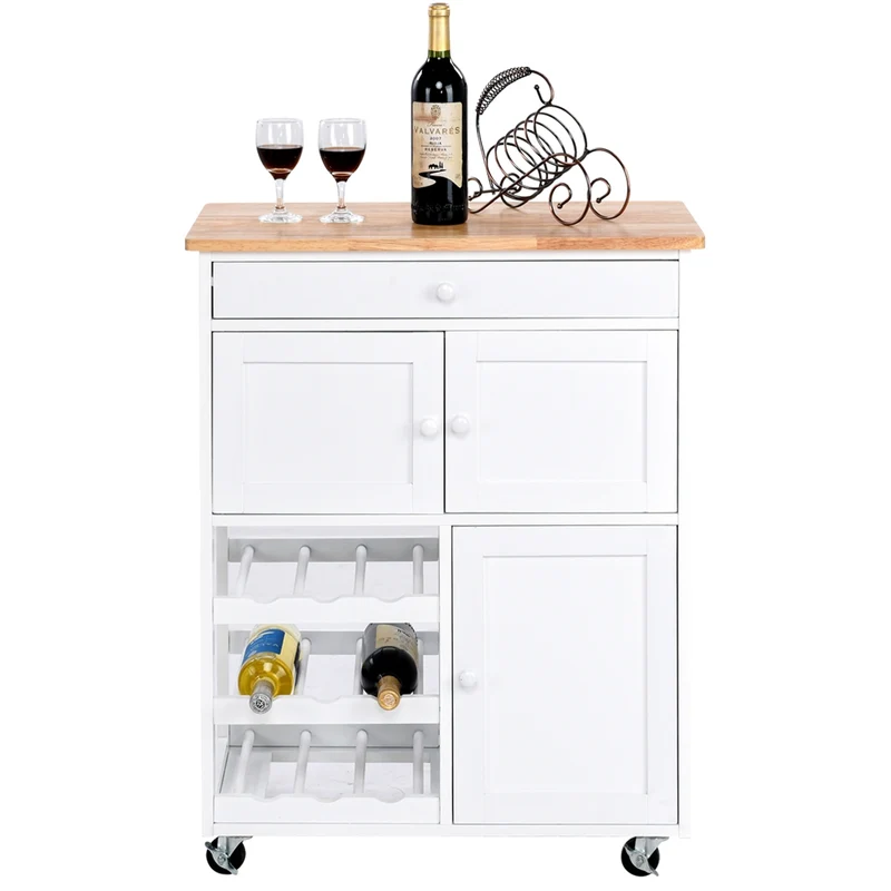Costway - Carrito cocina, Isla de cocina, Botellero, Botellero vino, Carro cocina, con Rueda Cajón, Estantería de Cocina, Vino Armario, Madera, Blanco