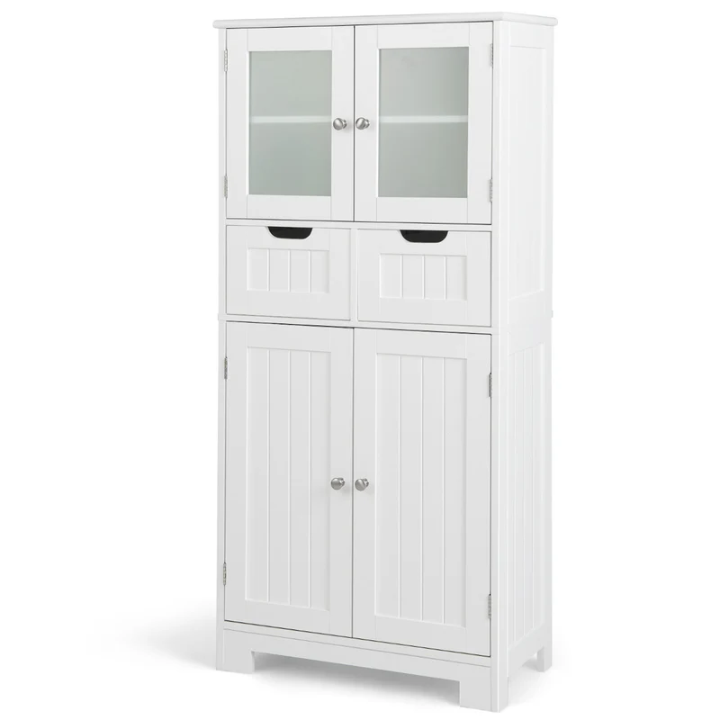 Costway - Armario Baño, Muebles para Baño, Armario de Almacenamiento de Piso con 4 Puertas Gabinete de Baño Independiente 2 Cajones, Blanco