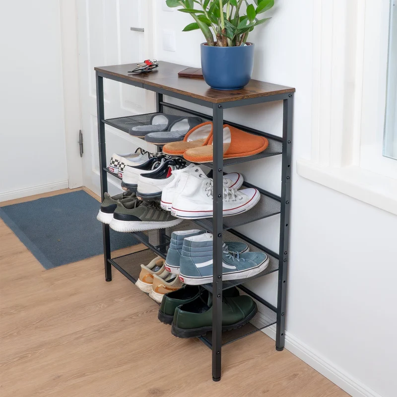 Tatkraft Otto - Zapatero, 5 Niveles, Zapatero Recibidor, 4 Estantes de Malla, Zapatero Estrecho, 75x28x93 cm, Zapatero Metalico, Marrón Vintage Negro