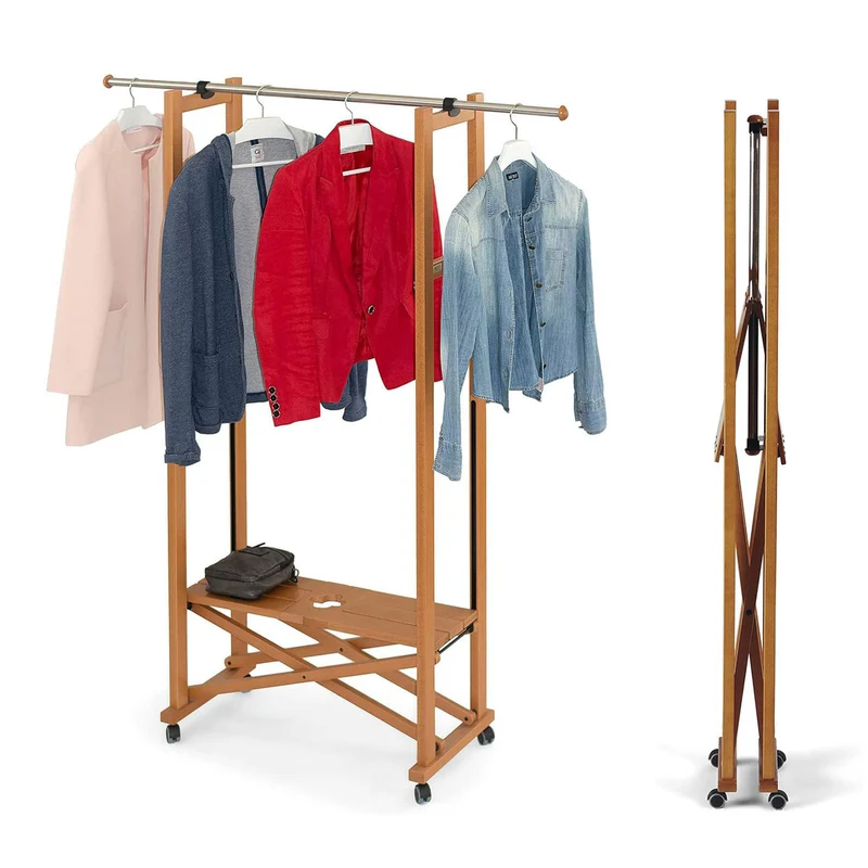 ARIT ELIOS - Burro Ropa Madera, Armario, Fabricado en Haya, con Ruedas, Made in Italy, Perchero Plegable, Barra Extensible, Color Cereza