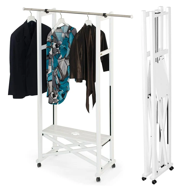 ARIT ELIOS - Burro Ropa Madera, Armario, Fabricado en Haya, con Ruedas, Made in Italy, Perchero Plegable, Barra Extensible, Color Blanco
