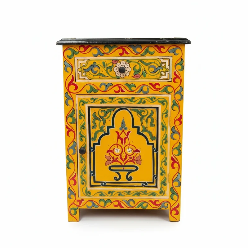 Mesita de Noche Andalusí Amarilla Pintada a Mano | Decoración Árabe Artesanal