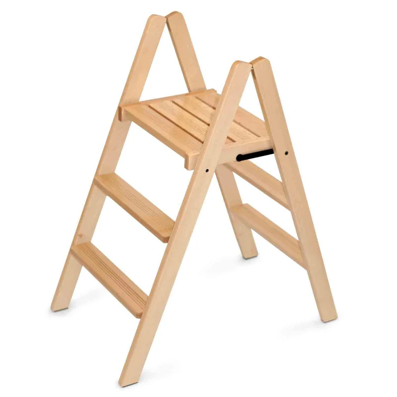 Dorotea - Escalera de madera, Taburete plegable con 3 peldaños, Natural de Madera