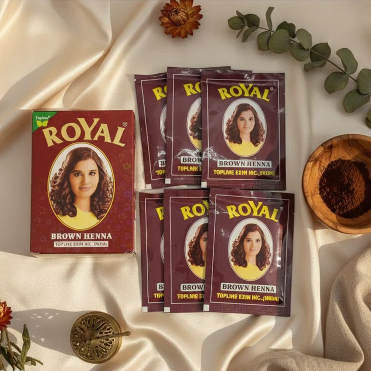Henna Royal Marrón para Teñir Pelo - Caja 6 Sobres 10g - Color Castaño Cálido Natural