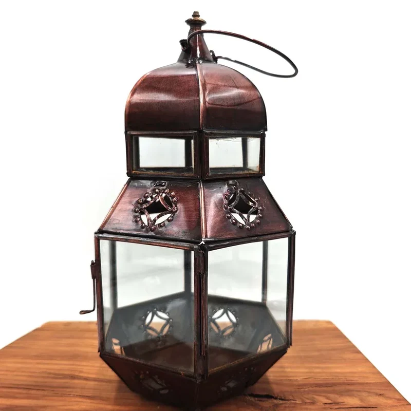 Farol Marroquí Artesanal en Cobre - 25 cm - Decoración Andalusí con Asa para Velas