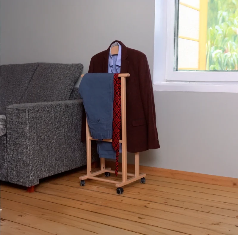 ARIT ATRI - Galán de Noche, con Ruedas, Madera de Haya, Made in Italy, Perchero Pie para Trajes, Soporte para Pantalones, Color Natural