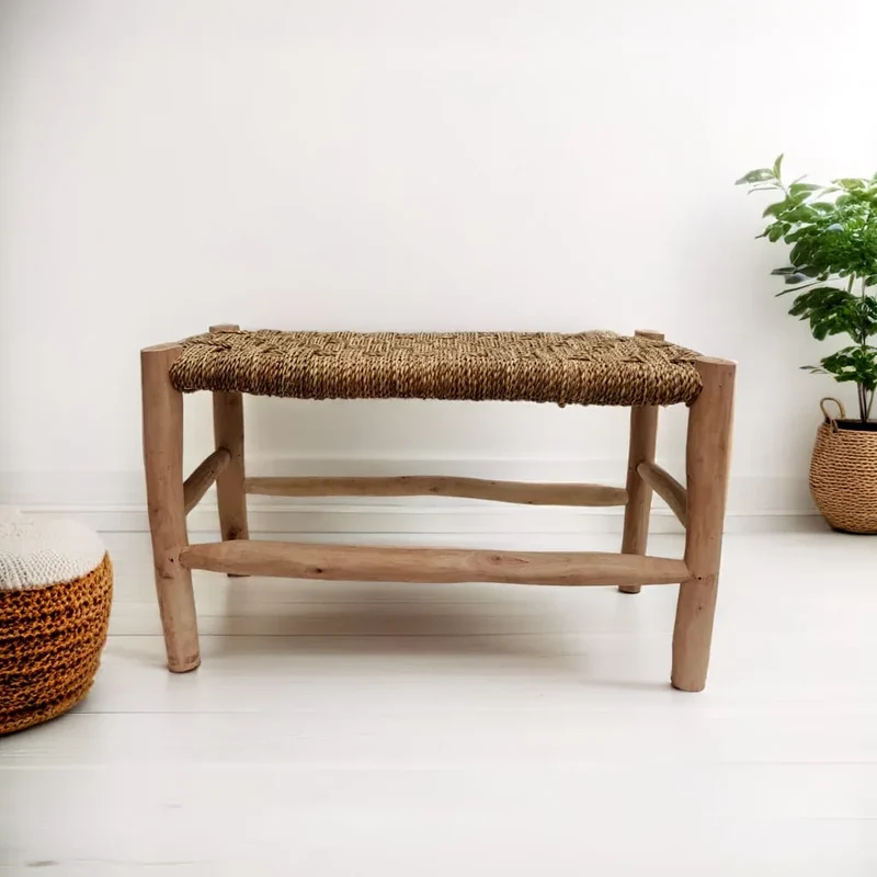 Banco Artesano de Madera y Esparto - Estilo Rústico Marroquí para tu Hogar