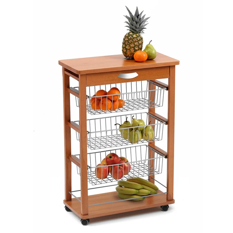 ARIT - Carro cocina RAIKON de haya maciza, Carrito de Cocina con 3 cestas y cajón grande, madera, Cerezo
