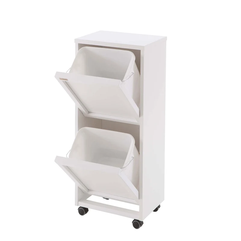 ARIT - Carro cocina con cubo de basura MADERA 2, Cubo de basura y reciclaje de 2 cubos x12L, Mueble Para Recogida Selectiva De Residuos, Blanco