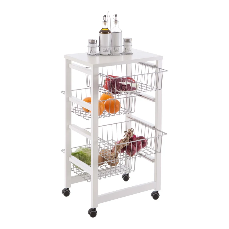 ARIT - Carro cocina GINGERONE, Carrito de Cocina con 4 Cestas Deslizantes, madera, Blanco