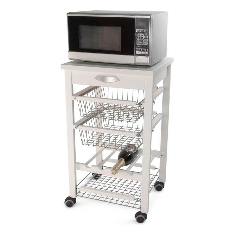 ARIT - Carro cocina con encimera ARTURO, portabotellas central, Soporte microondas, Carrito de cocina de madera, Blanco
