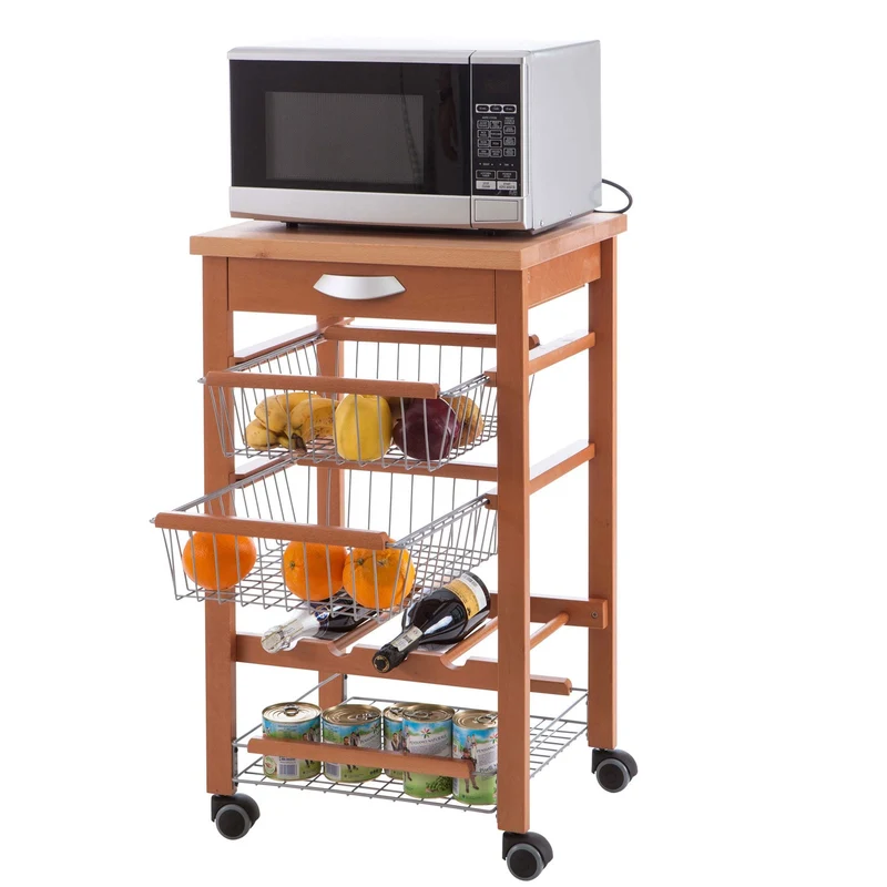 ARIT - Carro cocina con encimera ARTURO, portabotellas central, Soporte Microondas, Carrito de Cocina madera, Cereza