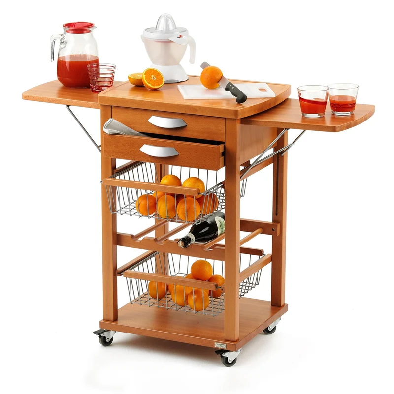 ARIT - Carro cocina SANTIAGO de haya maciza y estantes laterales abatibles, Carrito de Cocina de madera, cerezo