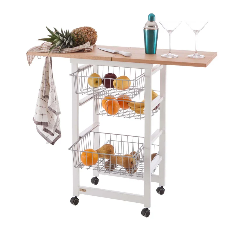 ARIT - Carro cocina con encimera GASTONCINO, encimera abatible de 48 a 96 cm, haya maciza, Carrito de Cocina de madera, Blanco