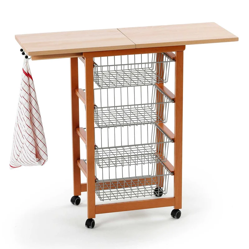 ARIT - Carro cocina con encimera GASTONCINO, encimera abatible de 48 a 96 cm, haya maciza, Carrito de Cocina de madera, cerezo