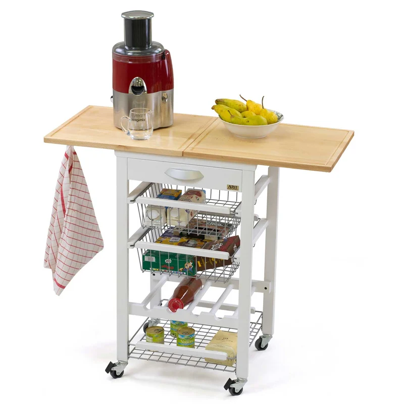 ARIT - Carro cocina con encimera GASTONE, superficie de trabajo de haya maciza (50 a 100 cm), Carrito de Cocina de madera, Blanco