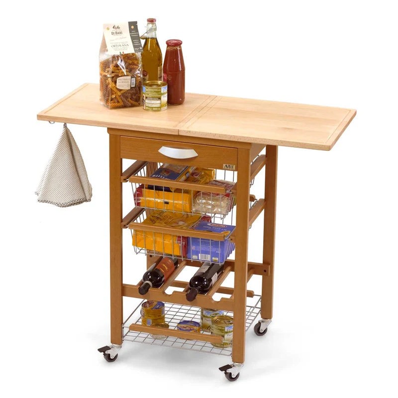 ARIT - Carro cocina con encimera GASTONE, superficie de trabajo de haya maciza (50 a 100 cm), Carrito de Cocina de madera, cerezo