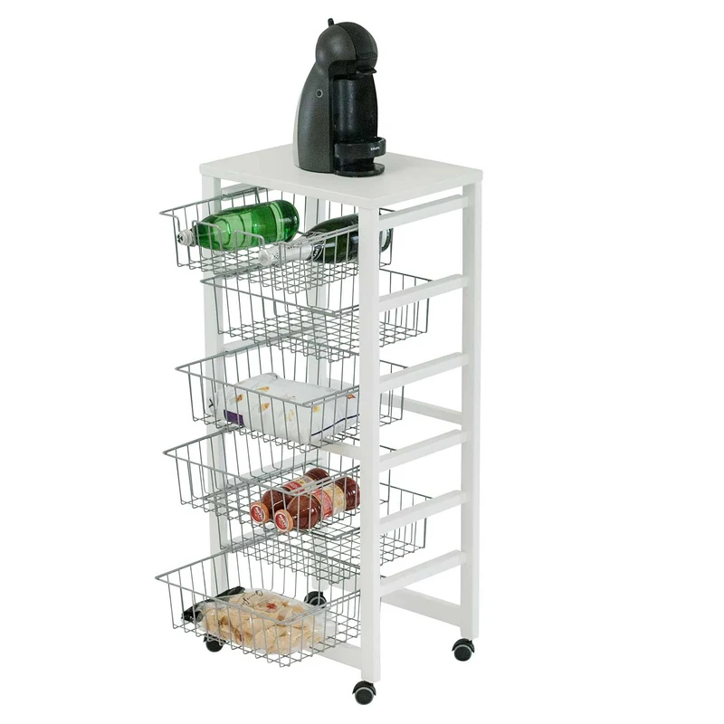 ARIT - Carro cocina GUSTAVO, Carrito Cocina con 5 Cestas, 1 Portabotellas, madera, Blanco
