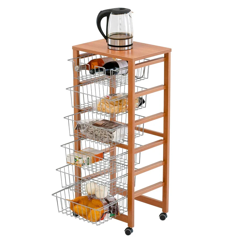 ARIT - Carro cocina GUSTAVO, Carrito Cocina con 5 Cestas, 1 Portabotellas, Carrito de Cocina de madera, Cerezo