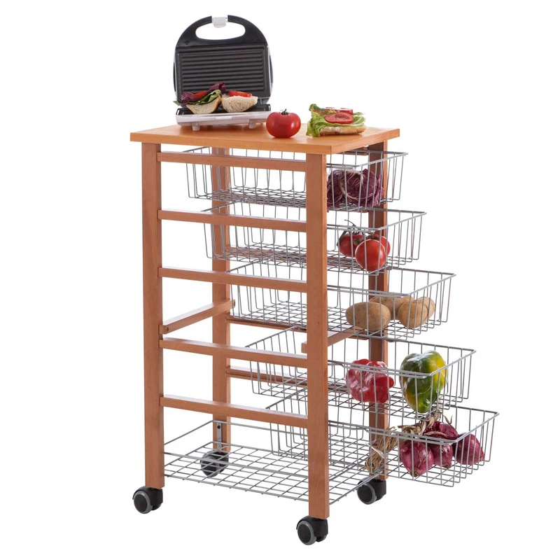 ARIT - Carro cocina con encimera OLIVER, Carrito de Cocina con 5 Cestas deslizantes, madera, Cerezo