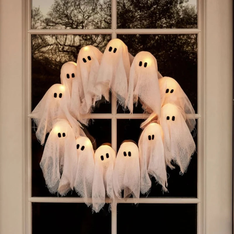 Halloween Decorative Wreath with 12 Ghosts and LED Lighting