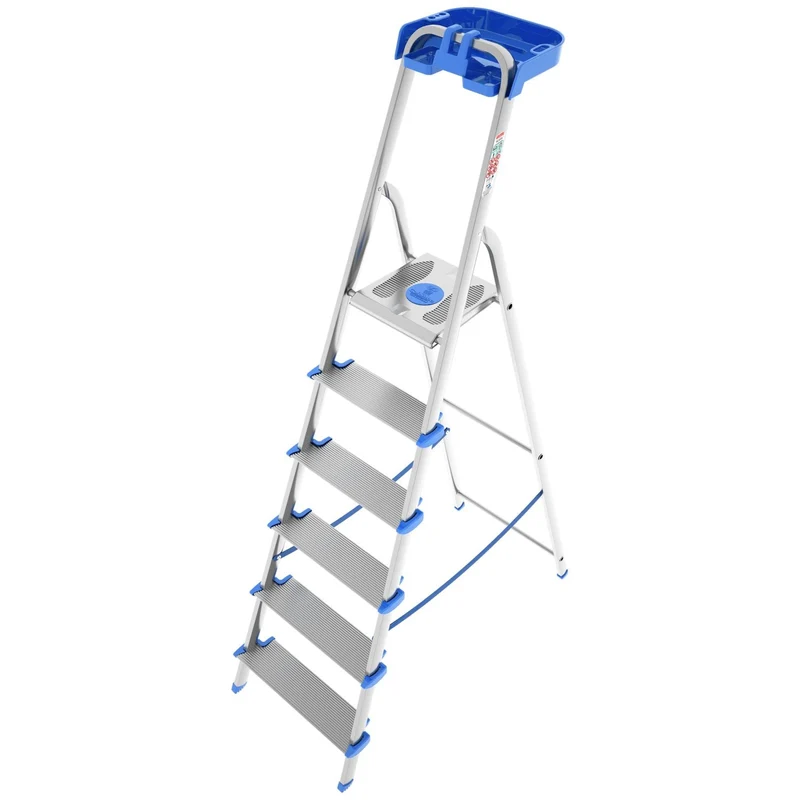 Colombo ATLANTICA - Escaleras de aluminio, 6 peldaños, Escalera plegable, peldaño extra grande 12cm, con bandeja de almacenamiento, carga max. 150 kg