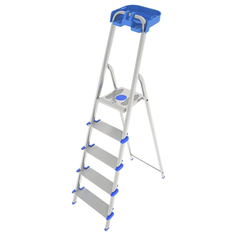 Colombo ATLANTICA - Escaleras de aluminio, 5 peldaños, Escalera plegable, peldaño extra grande 12cm, con bandeja de almacenamiento, carga max. 150 kg