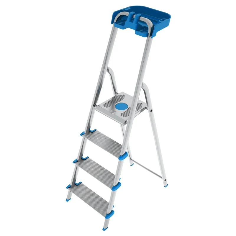 Colombo ATLANTICA - Escaleras de aluminio, Escalera 4 peldaños, peldaño extra grande 12cm, con bandeja de almacenamiento, carga máxima 150kg