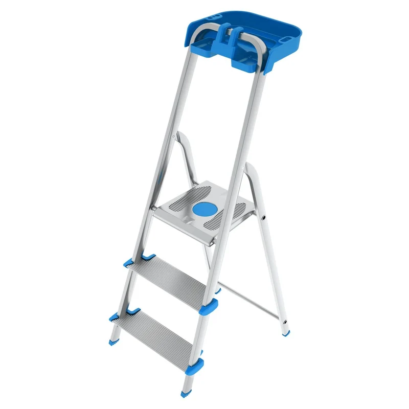 Colombo ATLANTICA - Escaleras de aluminio, Escalera 3 peldaños, peldaño extra grande 12cm, con bandeja de almacenamiento, carga máxima 150 kg