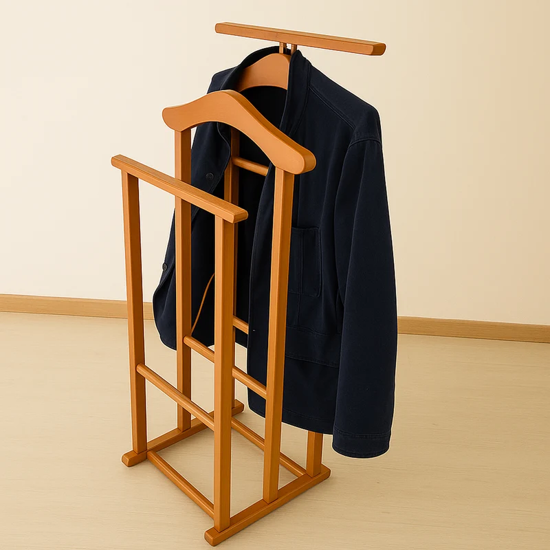 Tatkraft Duke - Galán de Noche, Made in Italy, Galán de Noche moderno, 2 perchas y 2 barras para pantalones, 43×35×102 cm, Perchero de Madera, Сerezo