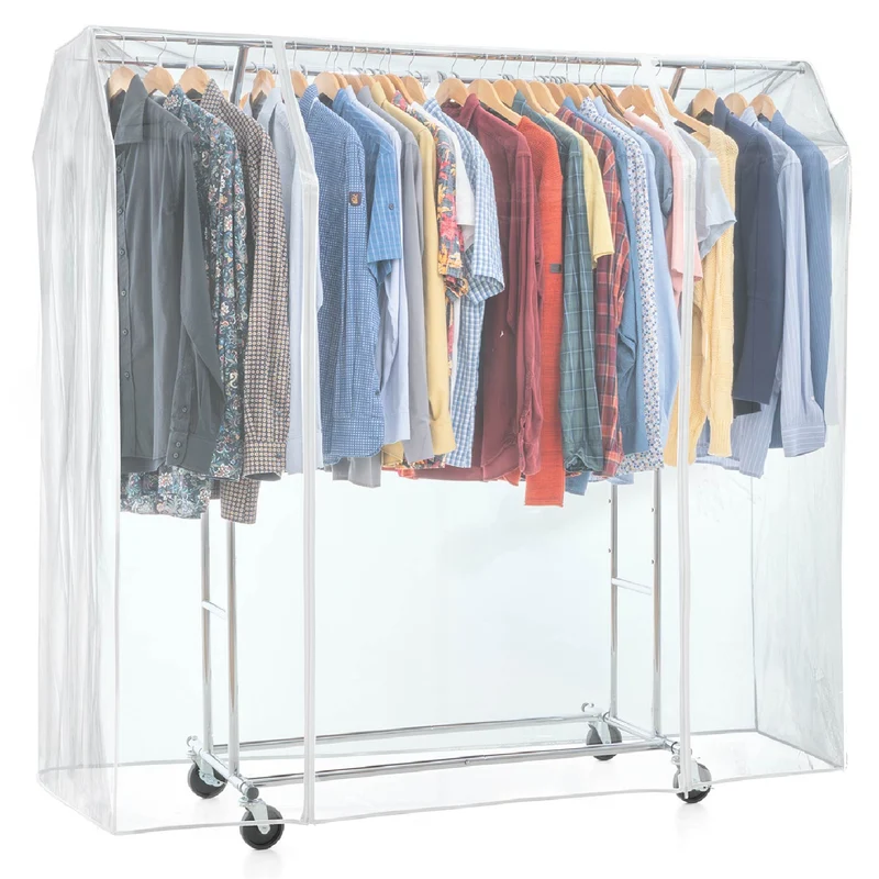 Tatkraft Denver & Safe - Burro Ropa Resistente, con Funda, Carga 110 kg, Perchero Doble Barra, con Ruedas, 129–169×55×148–172 cm, Acero Cromado