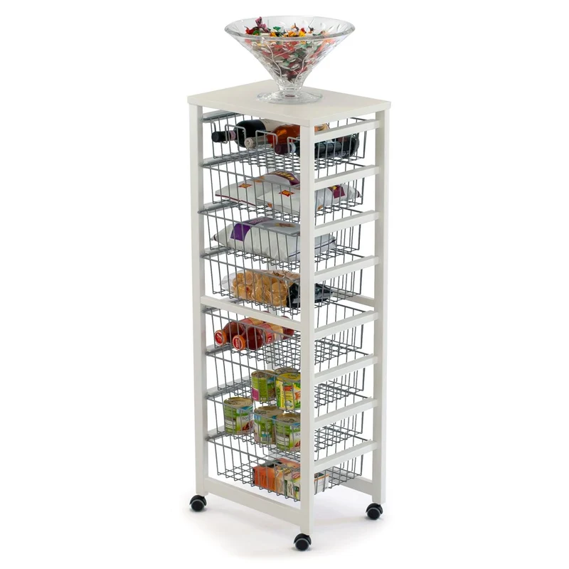 ARIT - Carrito cocina GUSTAVOTTO, Carro cocina, Carrito auxiliar, con superficie de trabajo, 8 cestas, 1 soporte para botellas - Color blanco