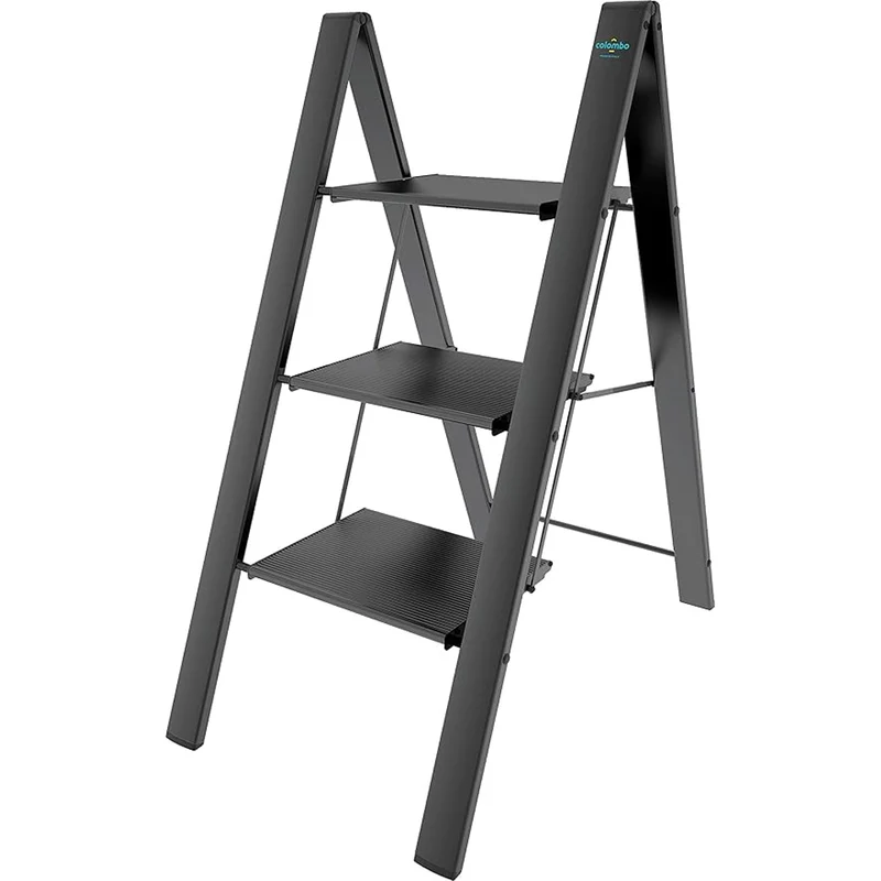 Colombo Leonardo 3 - Escaleras de aluminio, Escalera 3 peldaños, Escalera plegable, Carga 150 kg, robusto y resistente a la corrosión, Negro