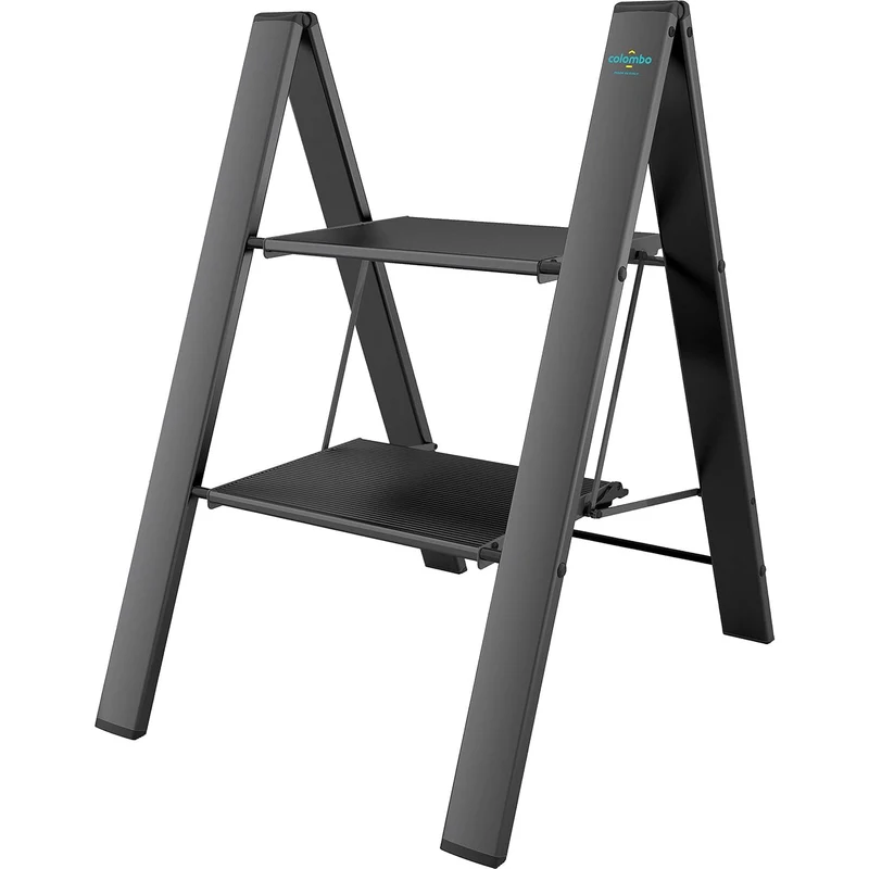 Colombo Leonardo 2 - Escaleras de aluminio, Escalera 2 peldaños, Escalera plegable, antideslizante hasta 150 kg, escalera ligera, color Negro