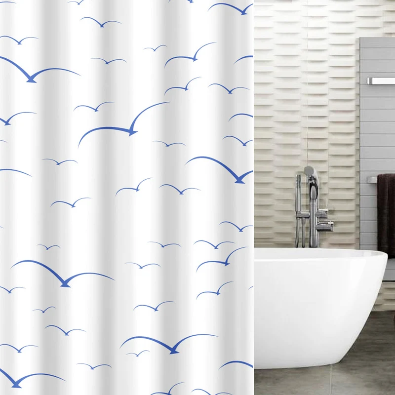 Tatkraft Seagulls Cortina de Ducha de Poliéster Impermeable, 180 x 180 cm, con 12 Anillos