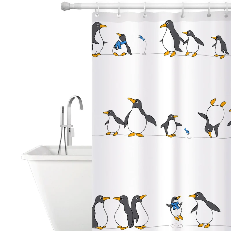 Tatkraft Penguins Cortina de Ducha de Poliéster Impermeable, 180 x 180 cm, con 12 Anillos