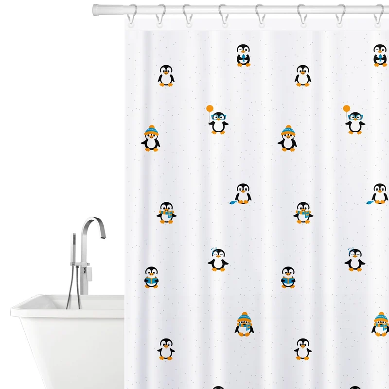 Tatkraft Funny Penguins Cortina de Ducha de Poliéster Impermeable, 180 x 180 cm, con 12 Anillos