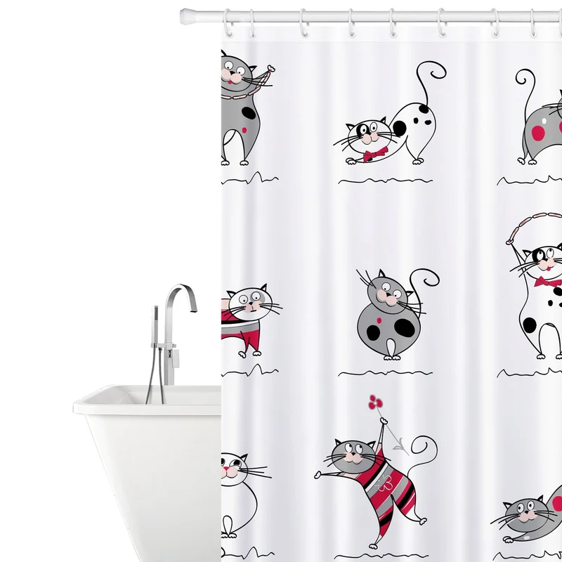 Tatkraft Funny Cats Cortina de Ducha de Poliéster Impermeable, 180 x 180 cm, con 12 Anillos