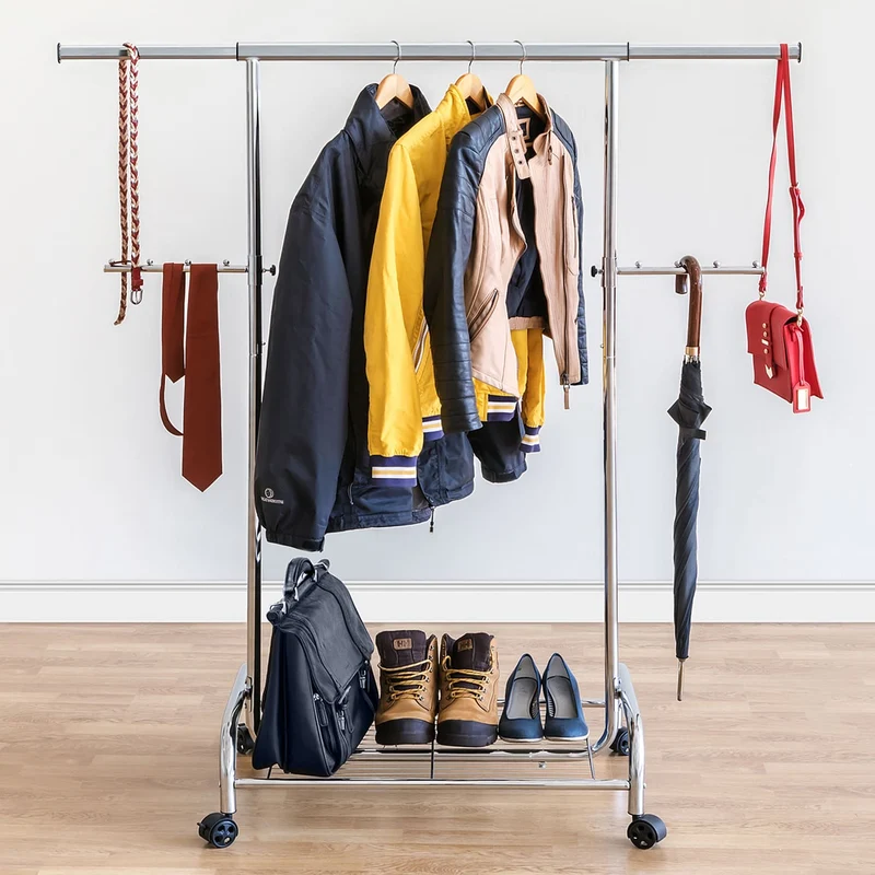 Tatkraft Bull Perchero para Tienda y Casa, Riel Robusto con Ruedas y Estante, Extensible, Colgador de Ropa de Barra Ajustable