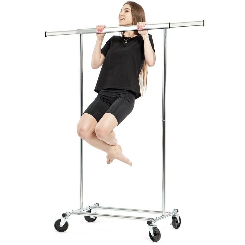 Tatkraft Darren - Burro para Ropa Resistente, hasta 100 kg, Burro Ropa industrial, Perchero con Ruedas, Plegable, 91-132x45.4x160 cm, Acero Cromado