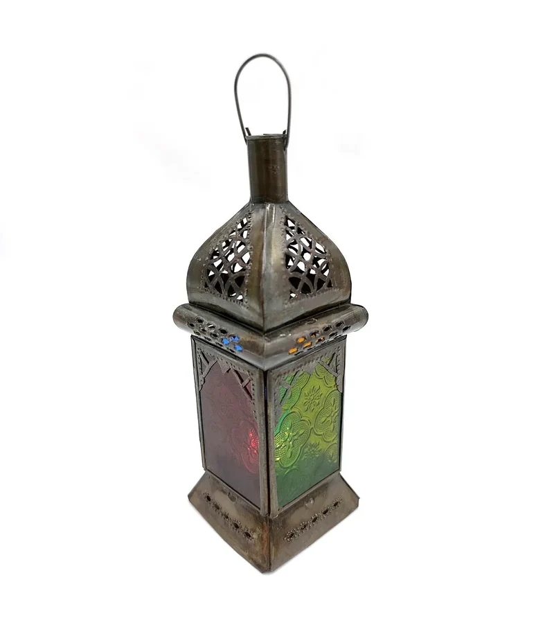 Farol Árabe Hexagonal con Cristales Multicolores - Elegancia Oriental