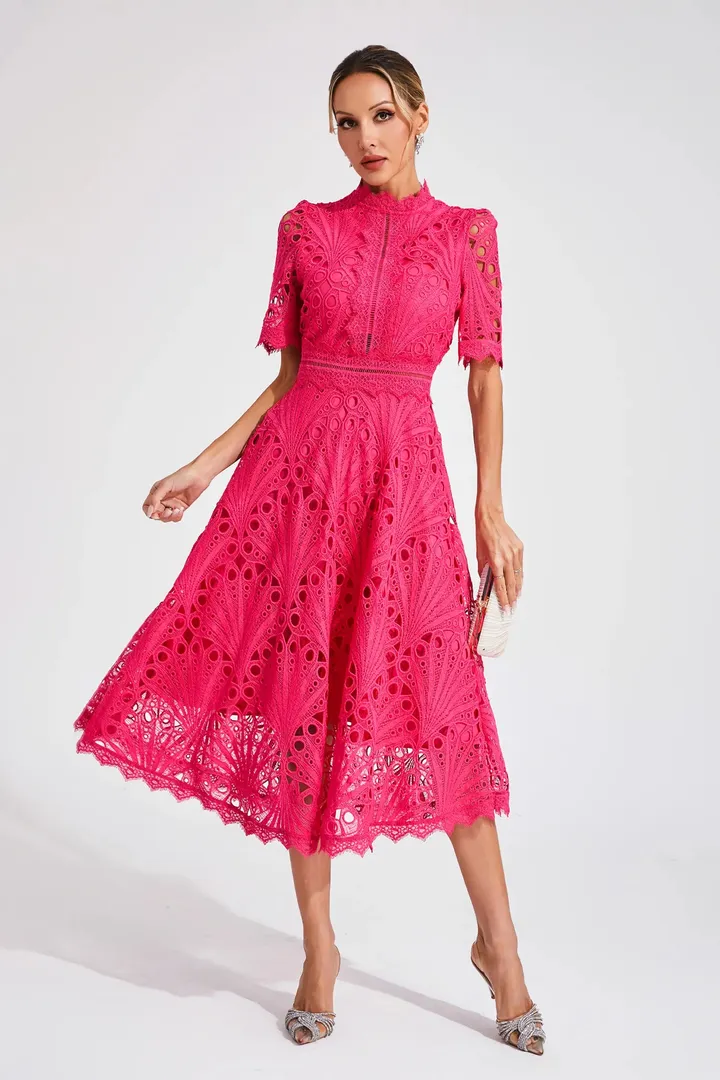 Women's A-line midi dress with high neckline