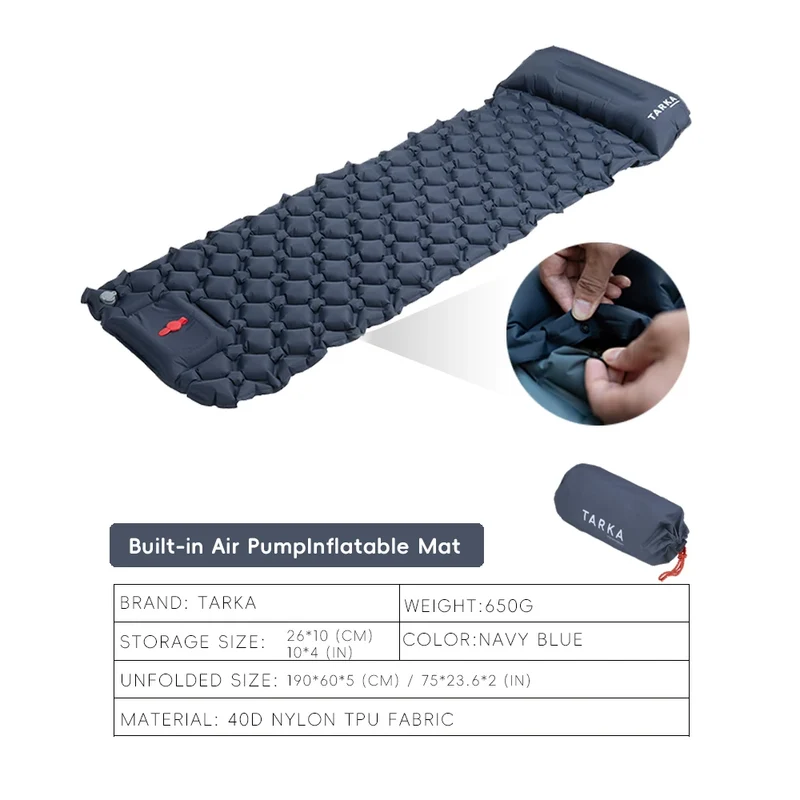 Inflatable camping sleeping mat with built-in pillow