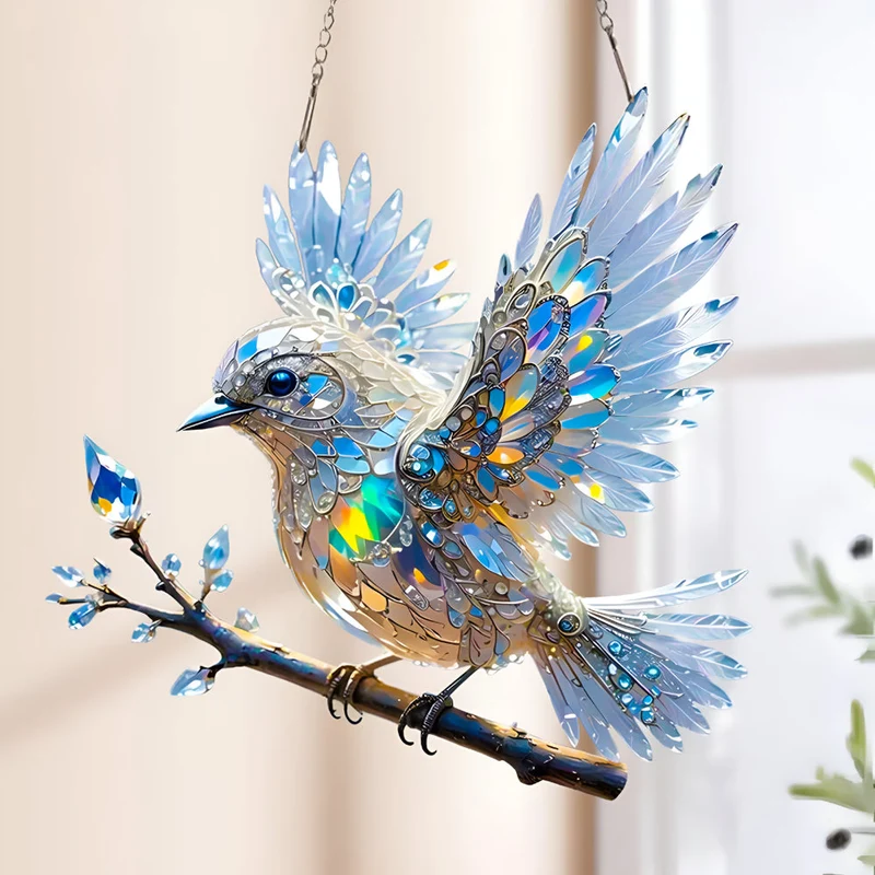 Window Decoration with Stained Glass Effect and Blue Bird Motif