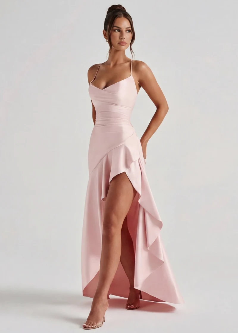 Long Dress with Adjustable Back Tie and Thigh Slit