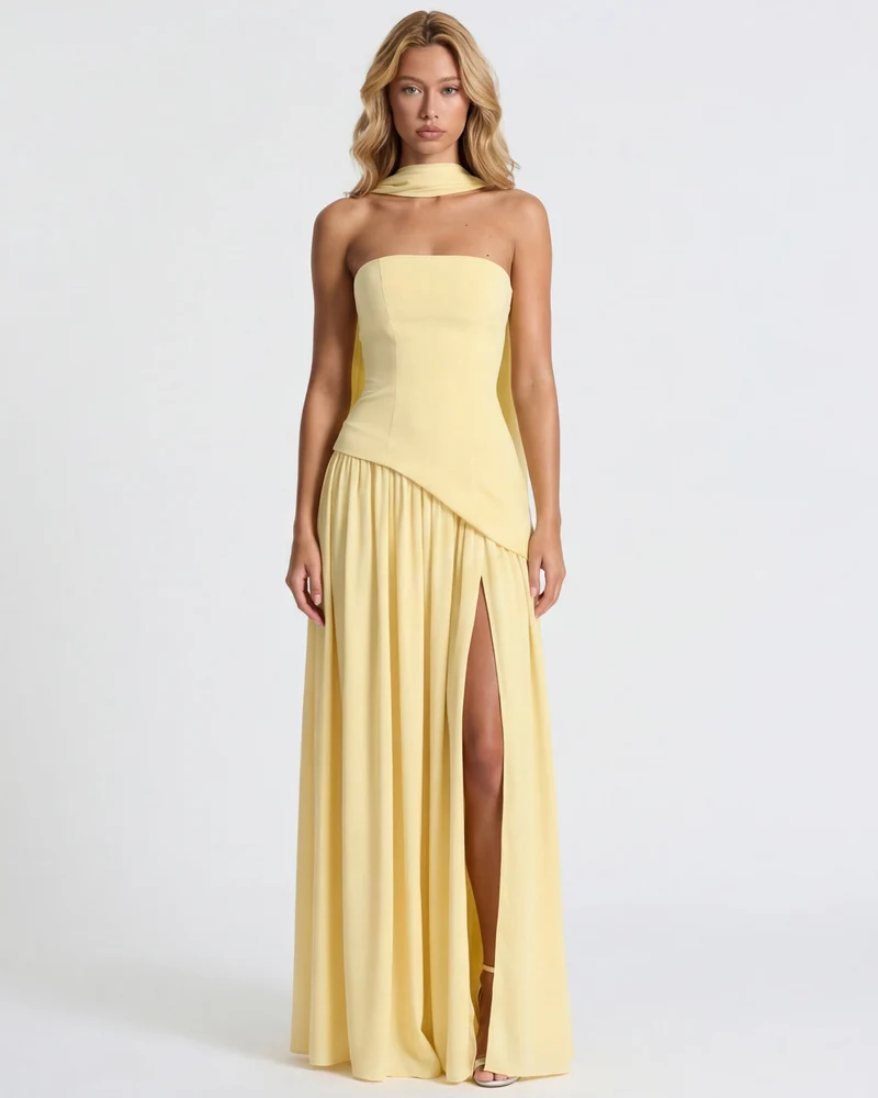 Strapless maxi dress with a high slit
